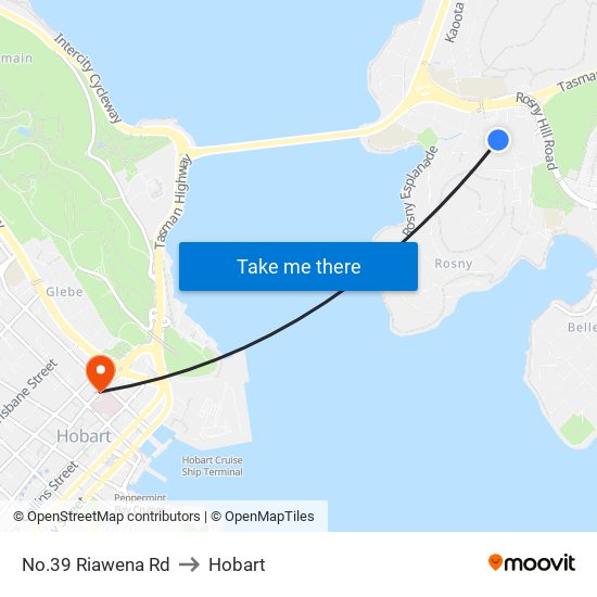 No.39 Riawena Rd to Hobart map