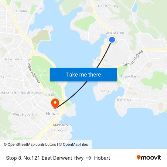 Stop 8, No.121 East Derwent Hwy to Hobart map
