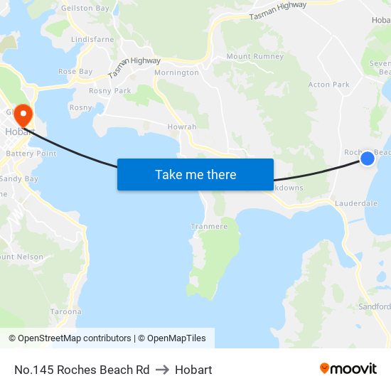 No.145 Roches Beach Rd to Hobart map