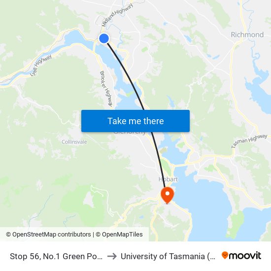 Stop 56, No.1 Green Point Rd to University of Tasmania (UTAS) map