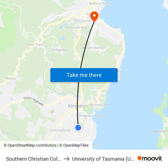 Southern Christian College to University of Tasmania (UTAS) map