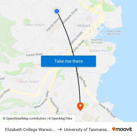 Elizabeth College Warwick Street to University of Tasmania (UTAS) map