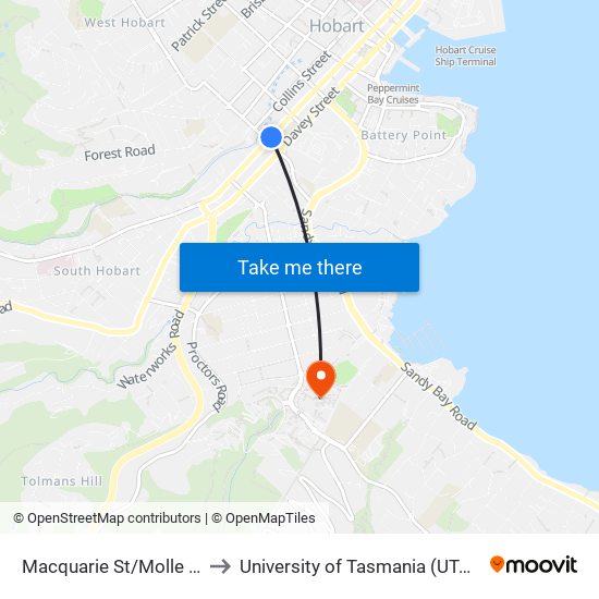 Macquarie St/Molle St to University of Tasmania (UTAS) map