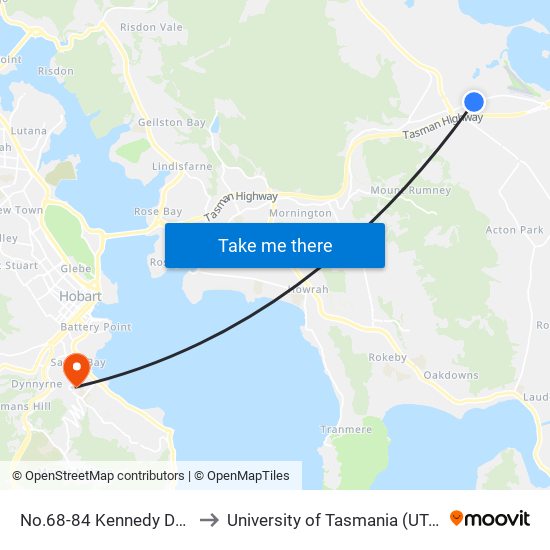 No.68-84 Kennedy Drive to University of Tasmania (UTAS) map