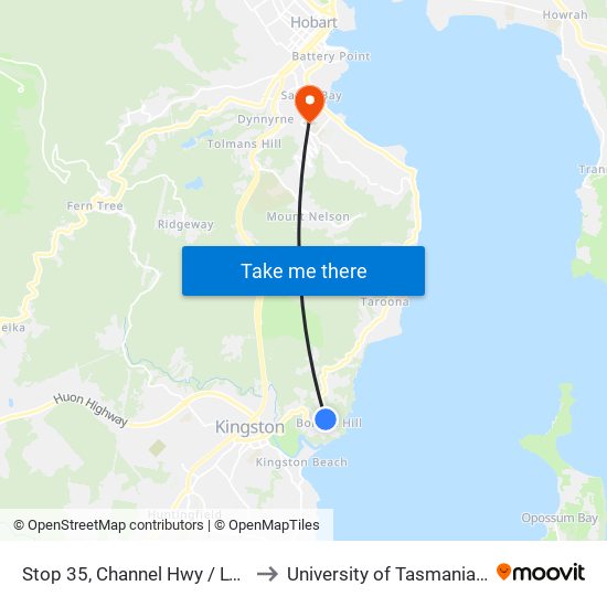 Stop 35, Channel Hwy / Lynden Rd to University of Tasmania (UTAS) map