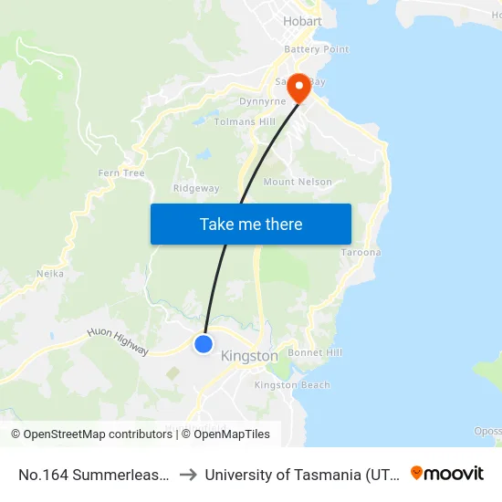 No.164 Summerleas Rd to University of Tasmania (UTAS) map