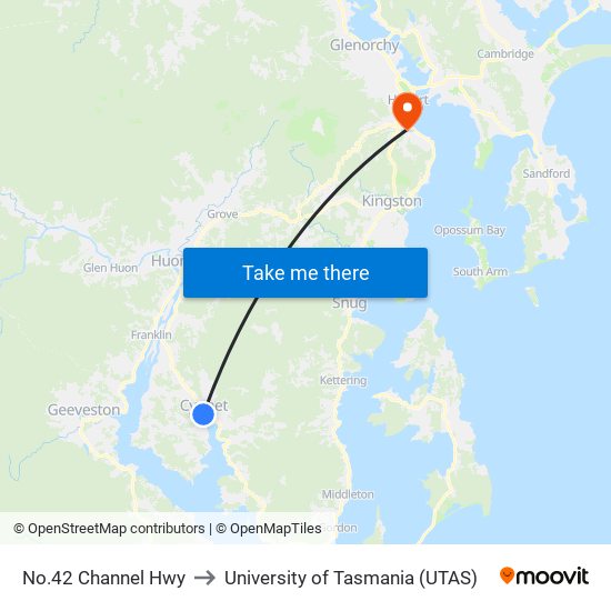 No.42 Channel Hwy to University of Tasmania (UTAS) map