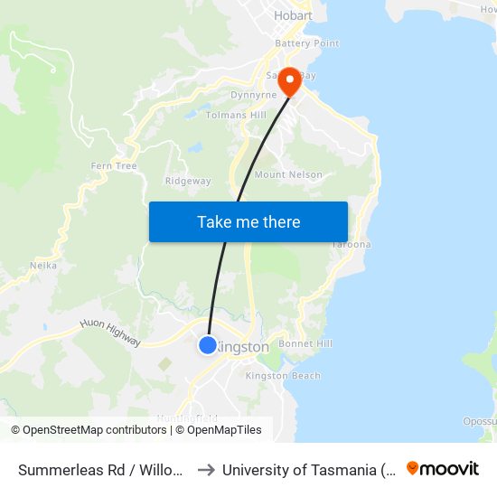 Summerleas Rd / Willowbend to University of Tasmania (UTAS) map