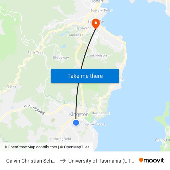 Calvin Christian School to University of Tasmania (UTAS) map