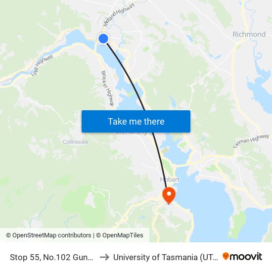 Stop 55, No.102 Gunn St to University of Tasmania (UTAS) map