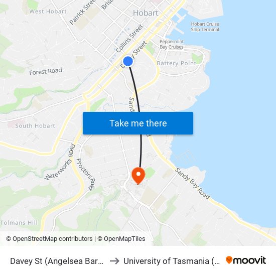 Davey St (Angelsea Barracks) to University of Tasmania (UTAS) map