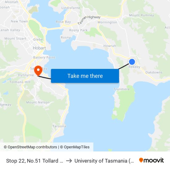 Stop 22, No.51 Tollard Drive to University of Tasmania (UTAS) map