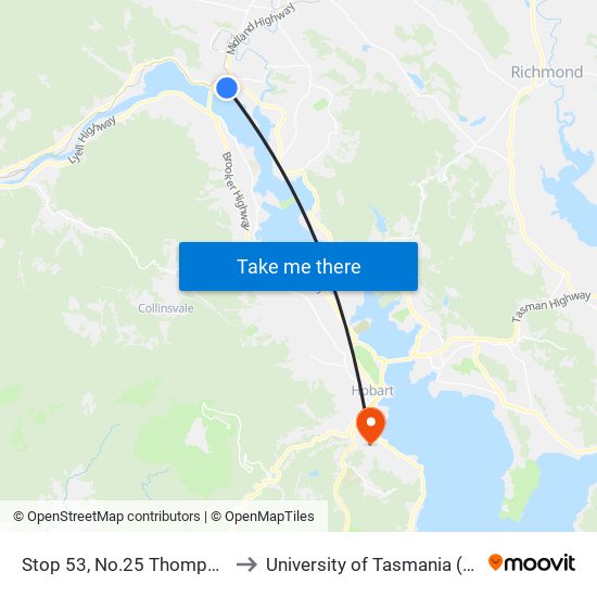 Stop 53, No.25 Thompson Cr to University of Tasmania (UTAS) map