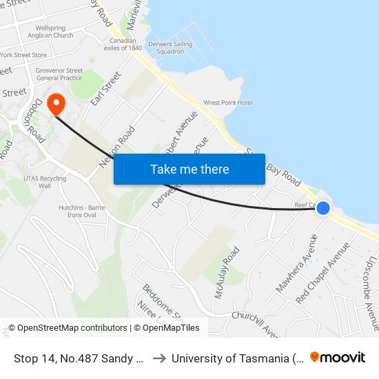 Stop 14, No.487 Sandy Bay Rd to University of Tasmania (UTAS) map