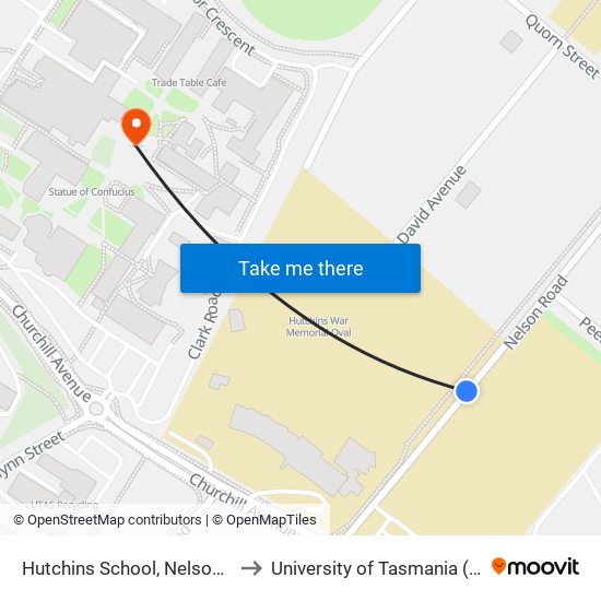 Hutchins School, Nelson Road to University of Tasmania (UTAS) map