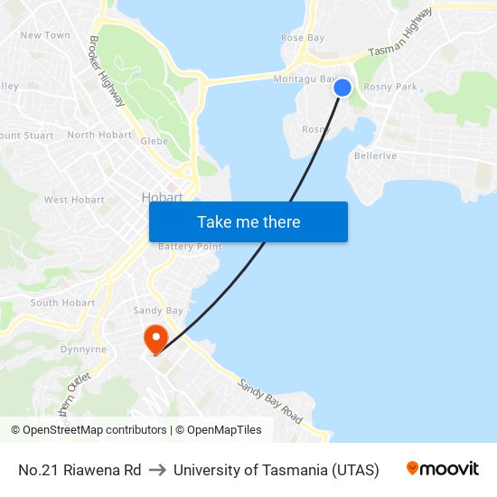 No.21 Riawena Rd to University of Tasmania (UTAS) map