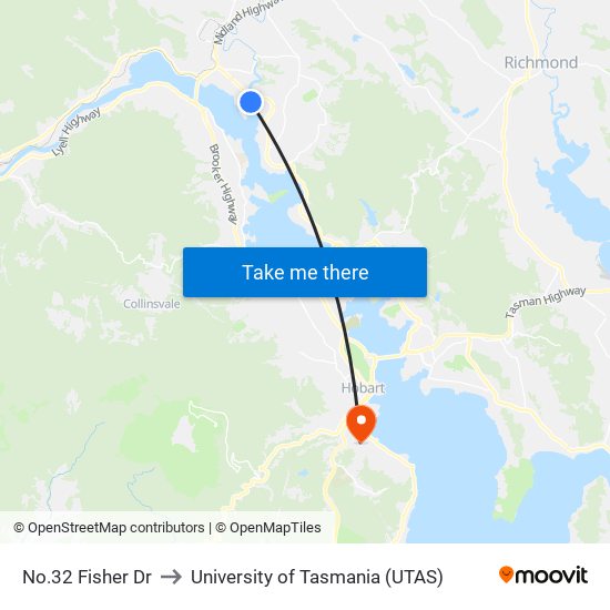 No.32 Fisher Dr to University of Tasmania (UTAS) map