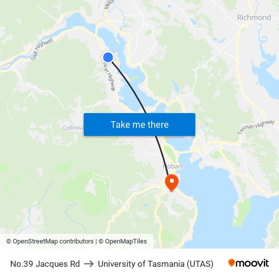 No.39 Jacques Rd to University of Tasmania (UTAS) map