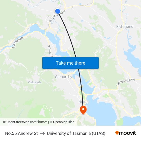 No.55 Andrew St to University of Tasmania (UTAS) map