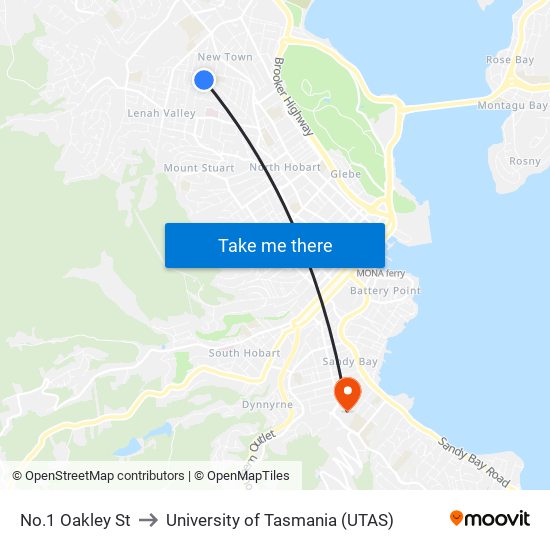 No.1 Oakley St to University of Tasmania (UTAS) map