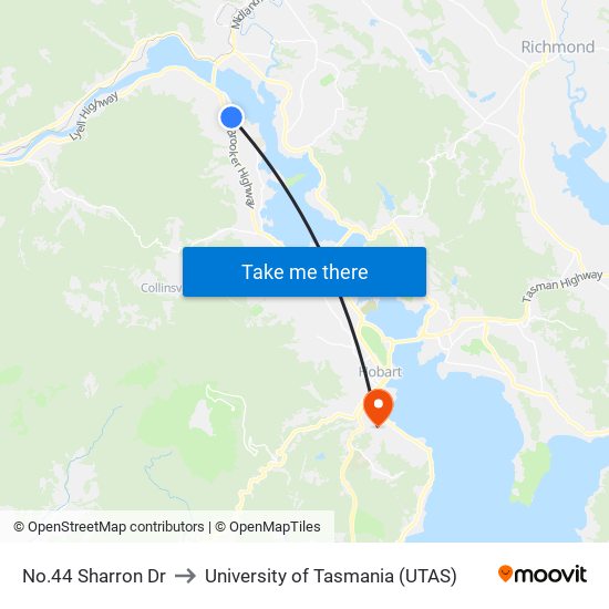 No.44 Sharron Dr to University of Tasmania (UTAS) map