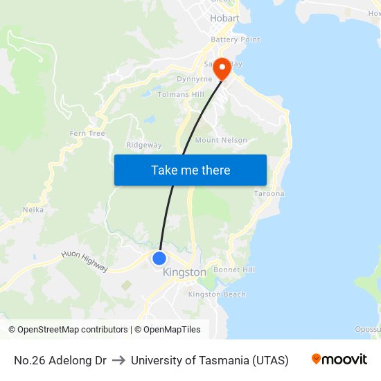 No.26 Adelong Dr to University of Tasmania (UTAS) map