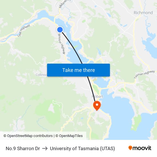 No.9 Sharron Dr to University of Tasmania (UTAS) map