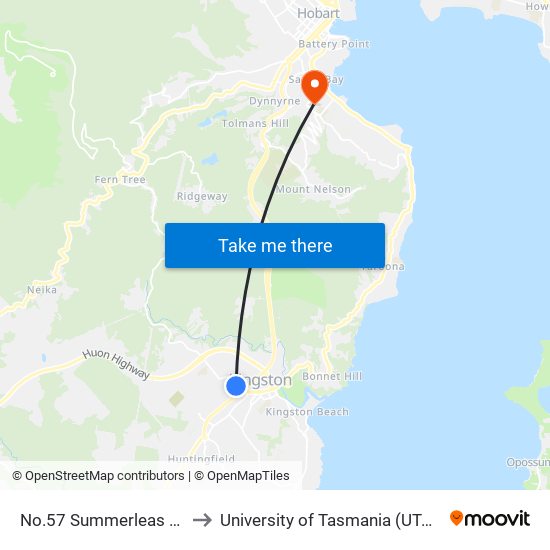 No.57 Summerleas Rd to University of Tasmania (UTAS) map