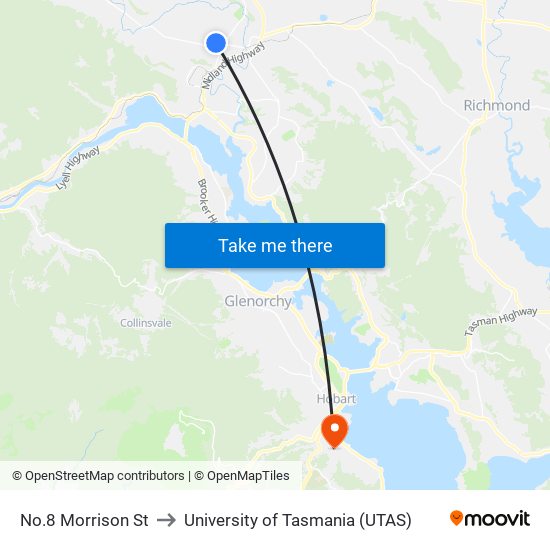 No.8 Morrison St to University of Tasmania (UTAS) map