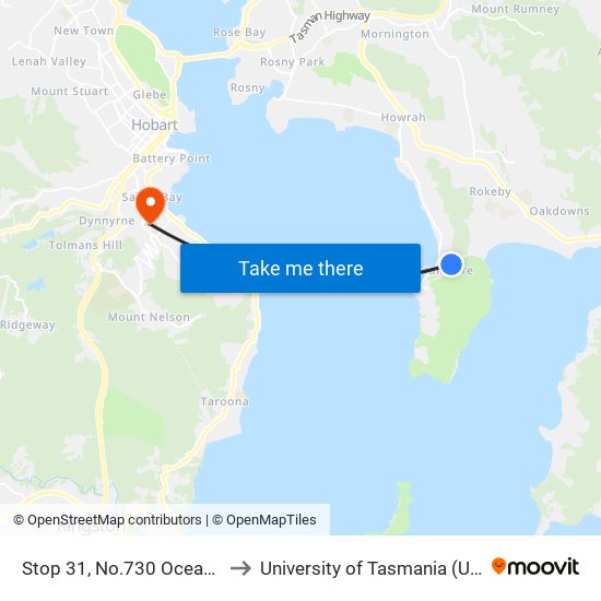 Stop 31, No.730 Oceana Dr to University of Tasmania (UTAS) map