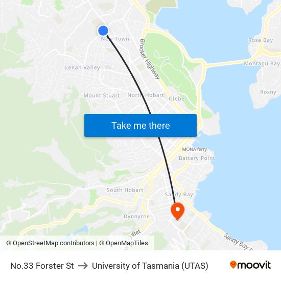 No.33 Forster St to University of Tasmania (UTAS) map