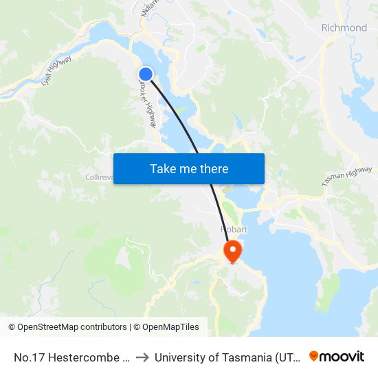 No.17 Hestercombe Rd to University of Tasmania (UTAS) map