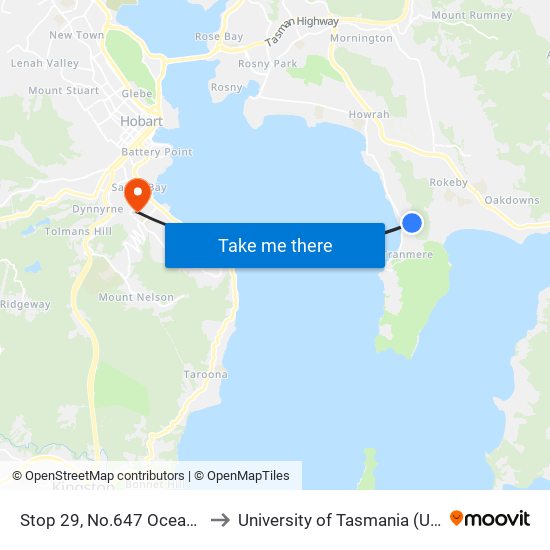 Stop 29, No.647 Oceana Dr to University of Tasmania (UTAS) map