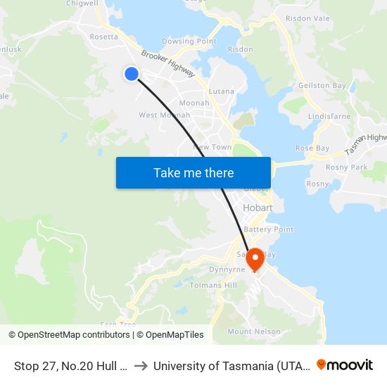 Stop 27, No.20 Hull St to University of Tasmania (UTAS) map