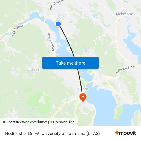 No.8 Fisher Dr to University of Tasmania (UTAS) map