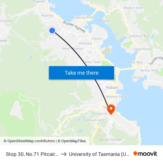 Stop 30, No.71 Pitcairn St to University of Tasmania (UTAS) map