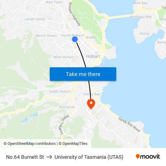 No.64 Burnett St to University of Tasmania (UTAS) map