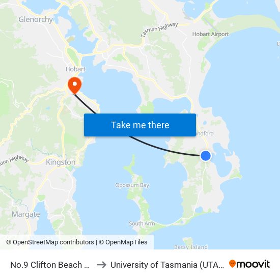 No.9 Clifton Beach Rd to University of Tasmania (UTAS) map