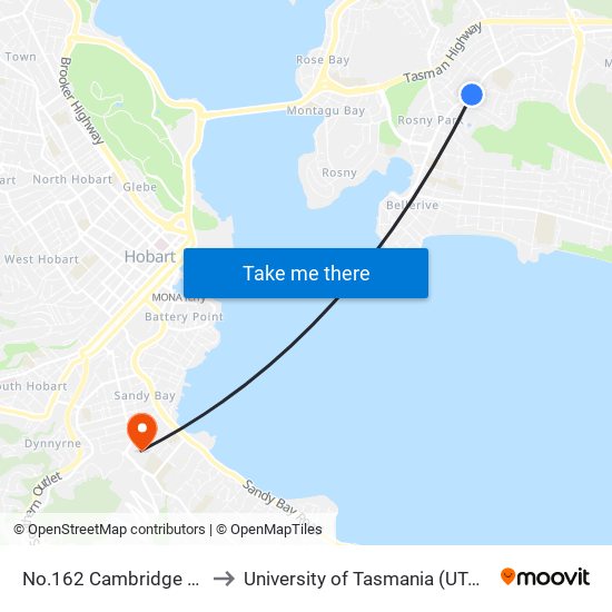 No.162 Cambridge Rd to University of Tasmania (UTAS) map