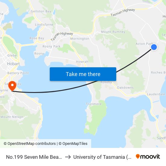 No.199 Seven Mile Beach Rd to University of Tasmania (UTAS) map