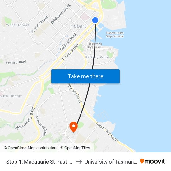 Stop 1, Macquarie St Past Campbell St to University of Tasmania (UTAS) map