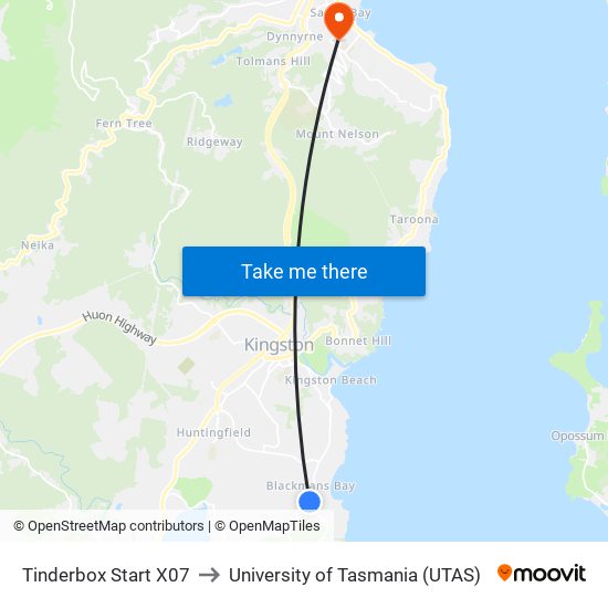 Tinderbox Start X07 to University of Tasmania (UTAS) map