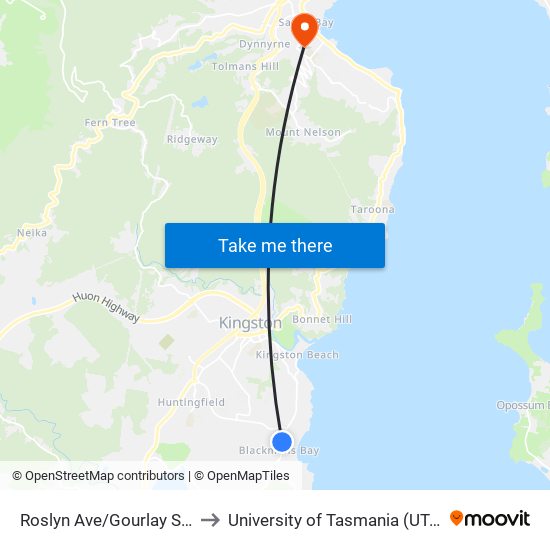 Roslyn Ave/Gourlay St In to University of Tasmania (UTAS) map