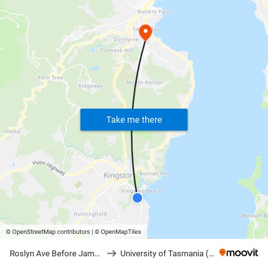 Roslyn Ave Before James Ave to University of Tasmania (UTAS) map