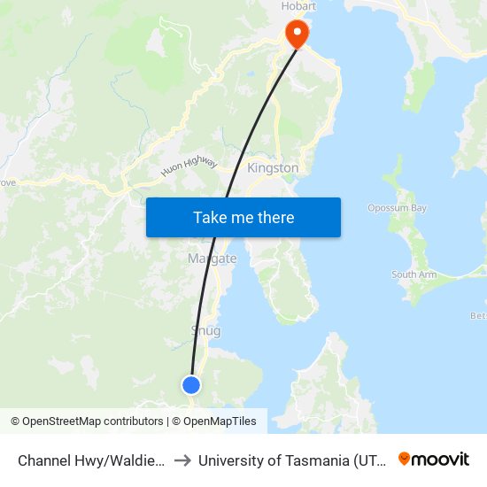 Channel Hwy/Waldie Dr to University of Tasmania (UTAS) map