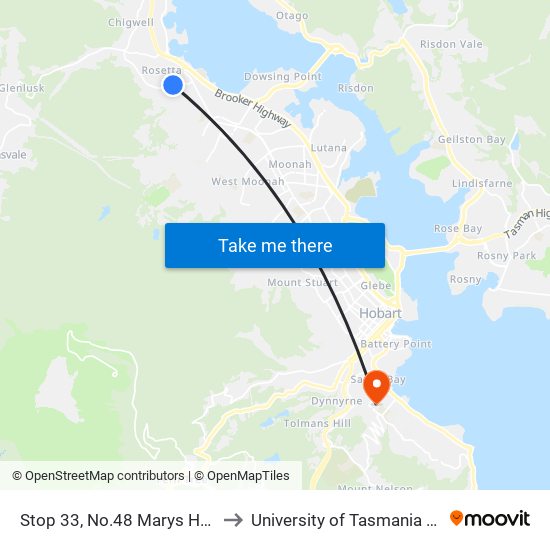 Stop 33, No.48 Marys Hope Rd to University of Tasmania (UTAS) map