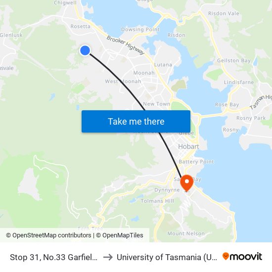 Stop 31, No.33 Garfield Rd to University of Tasmania (UTAS) map