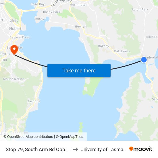 Stop 79, South Arm Rd Opp. Ringwood Rd to University of Tasmania (UTAS) map