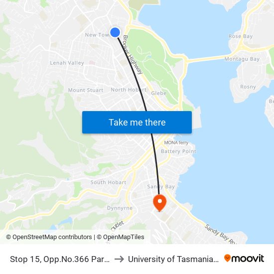 Stop 15, Opp.No.366 Park Street to University of Tasmania (UTAS) map