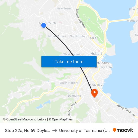 Stop 22a, No.69 Doyle Ave to University of Tasmania (UTAS) map